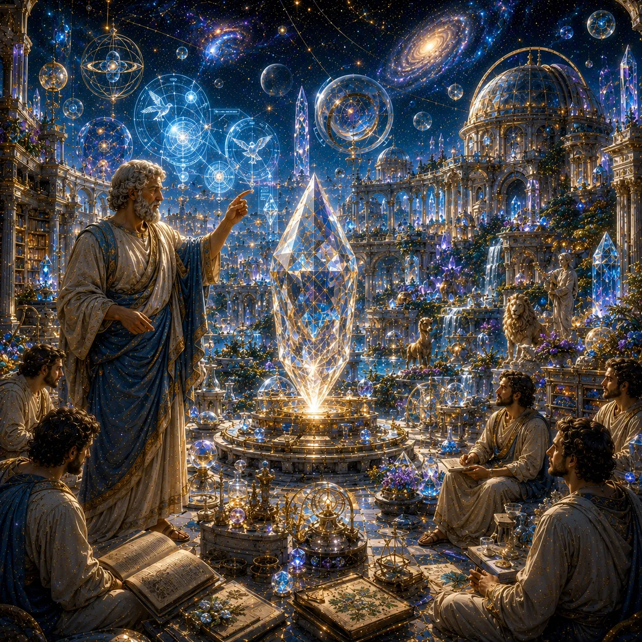Cidade do Conhecimento Vivo da Nave de Micah com Aristóteles observando fenômenos cósmicos, cristal central luminoso, observatórios celestiais, bibliotecas cristalinas e jardins estelares integrados.